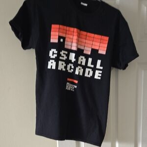 Black Graphic T-Shirt with Red and White Design